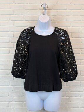 Dolan Left Coast Black Cotton Top Lace Puff Sleeve Keyhole Back Medium